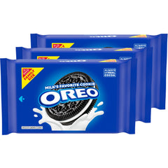 OREO chocolate sandwich cookie package on shelf, ideal for family gatherings and quick snacking.