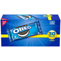 OREO chocolate sandwich cookies pack showing 30-count box, perfect for family snacks.