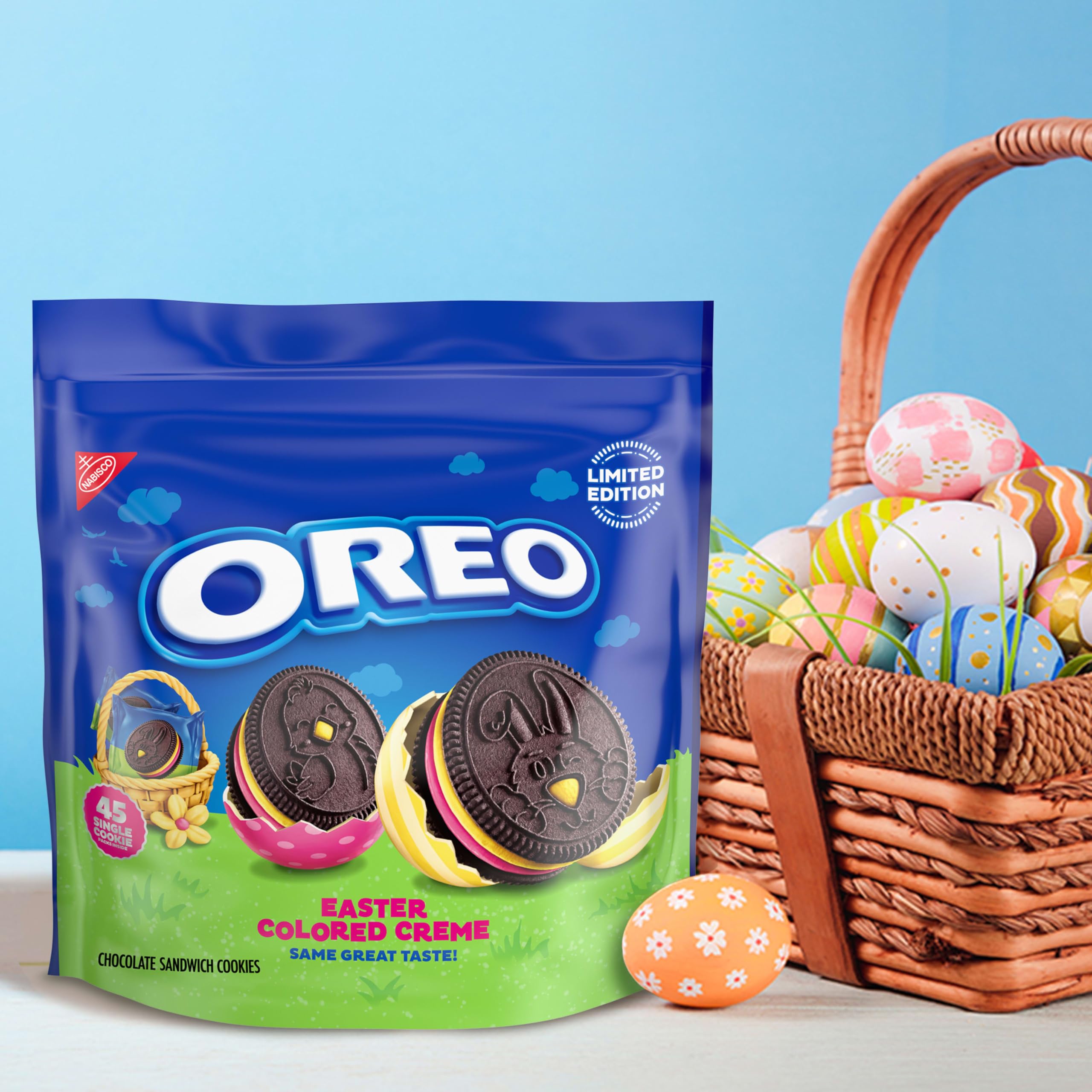 OREO Easter designs cookie waving bunny adds cheerful spring snack.