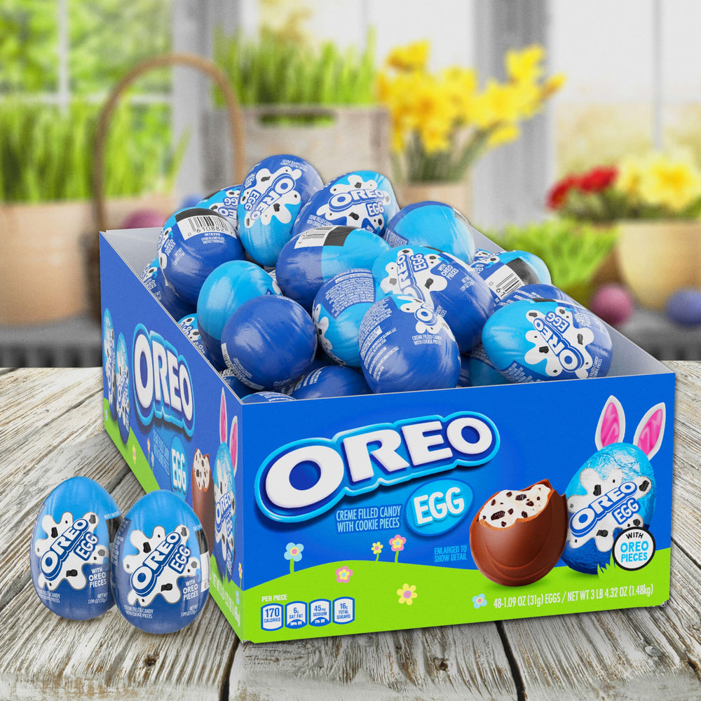 OREO Creme Filled Easter Eggs arranged for an Easter egg hunt display