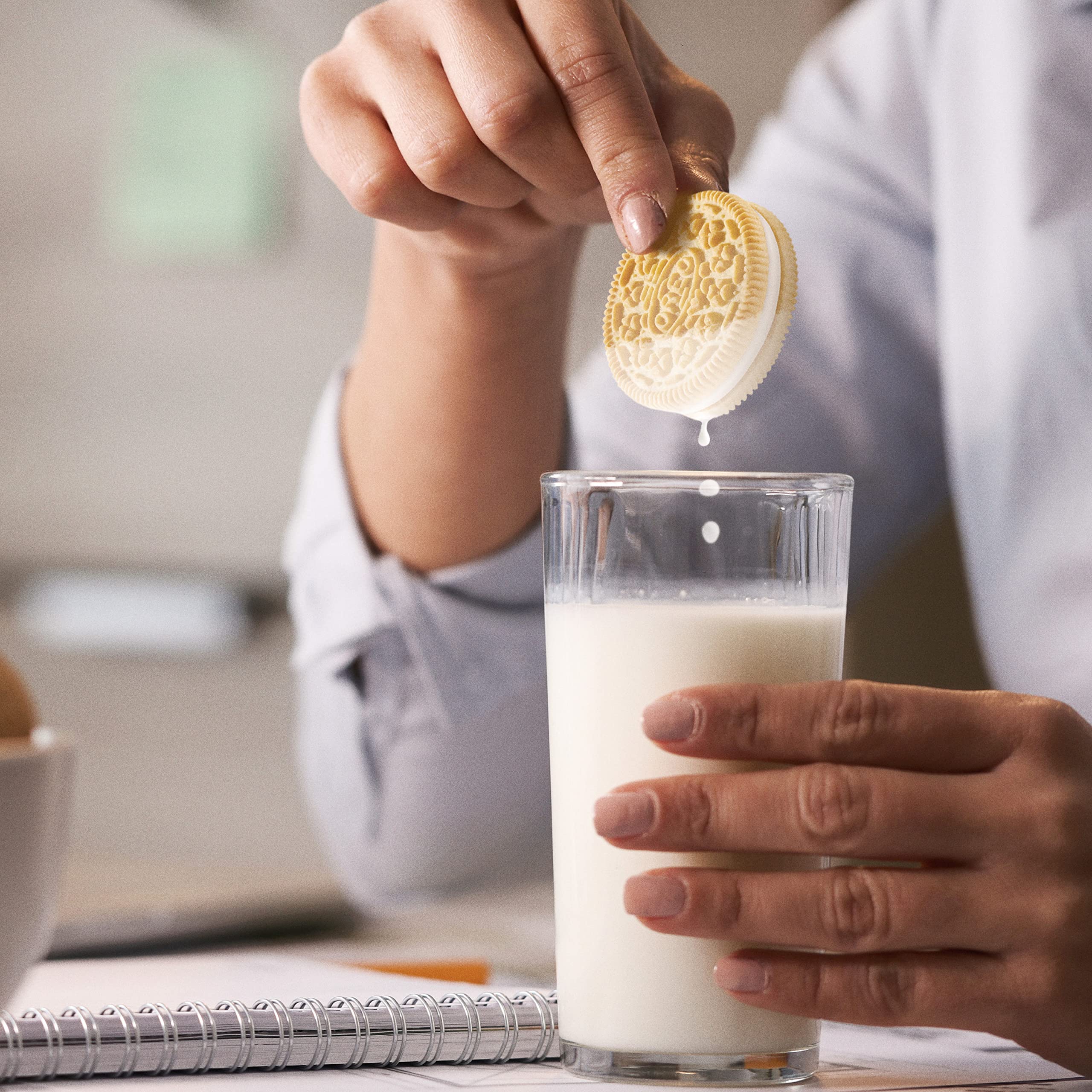 OREO Golden Sandwich Cookies with milk pairing suggestion for a classic dunk experience.