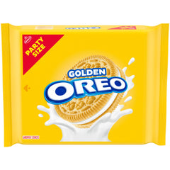 OREO Golden Sandwich Cookies pack shot highlighting party-size packaging for sharing.