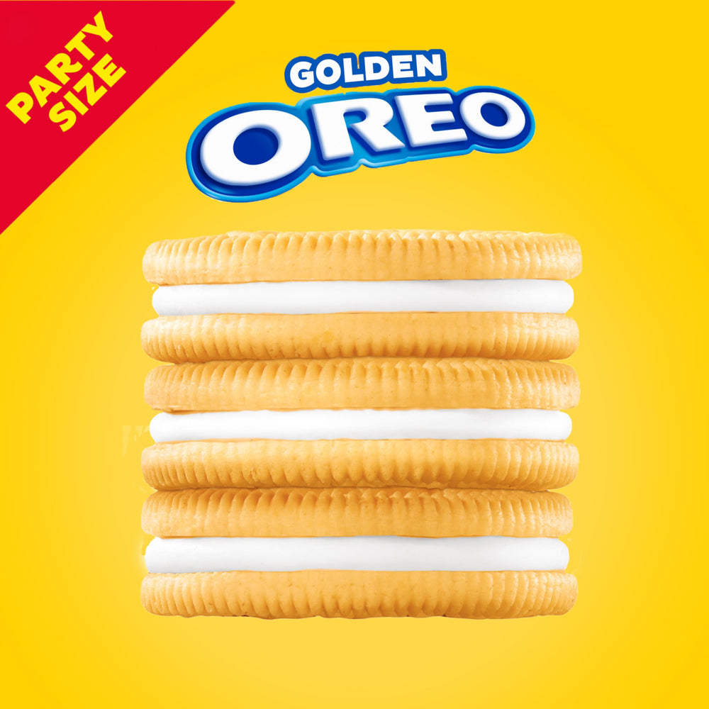 OREO Golden Sandwich Cookies party-size pack demonstrates easy-pull tab freshness.