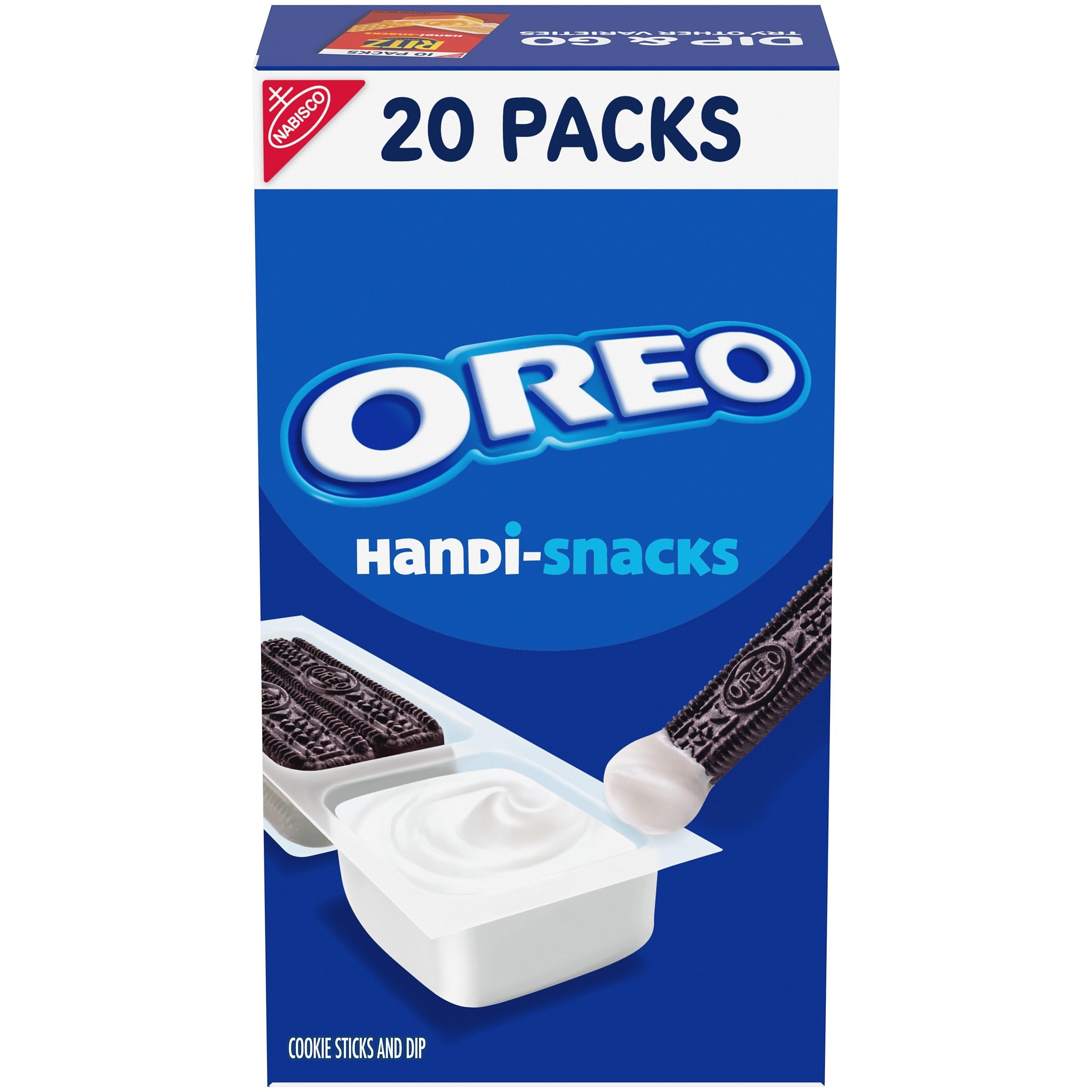 OREO Handi-Snacks cookie sticks with creme dip in a portable snack pack for on-the-go.