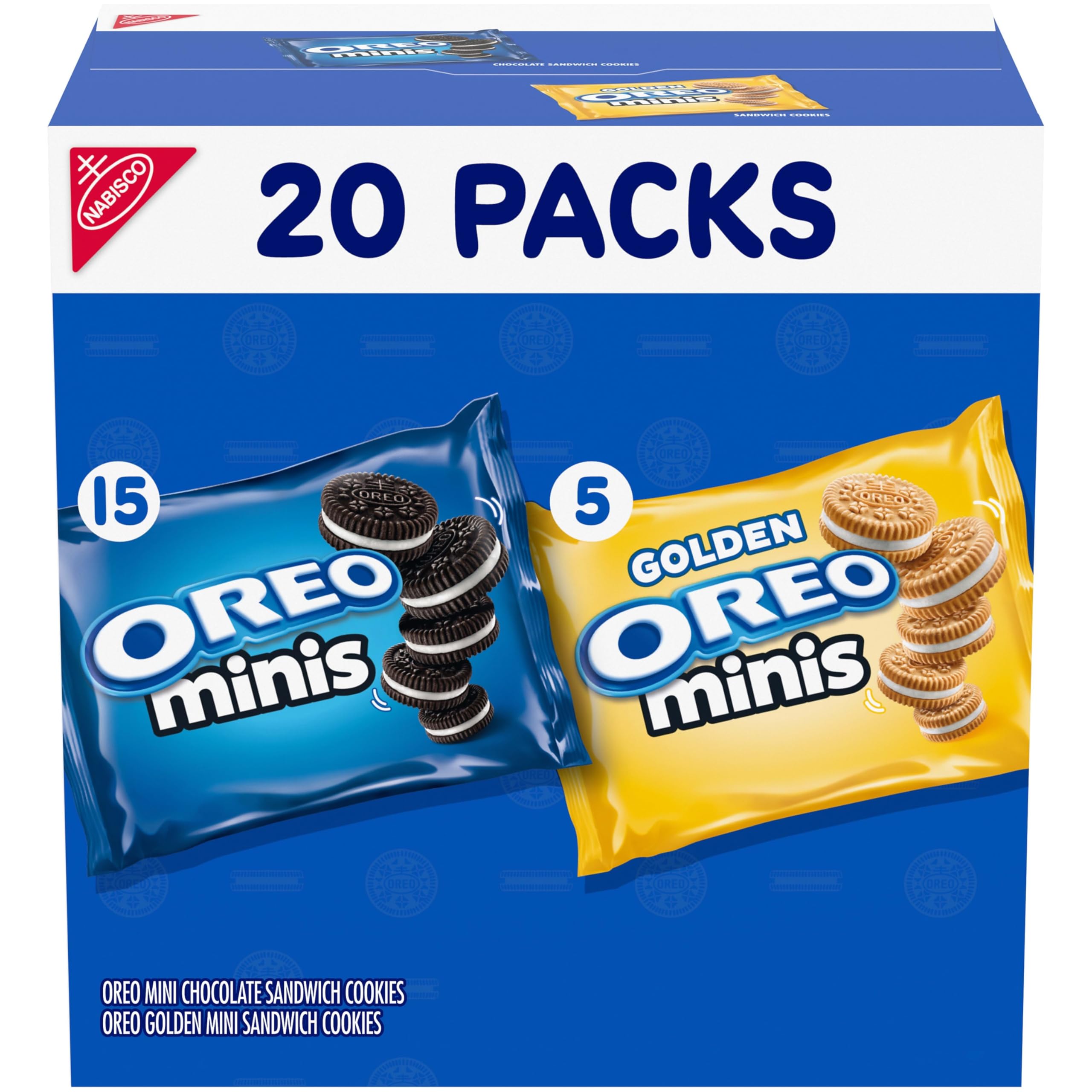 OREO Mini Mix Pack box showing Original and Golden cookies for convenient snacking.