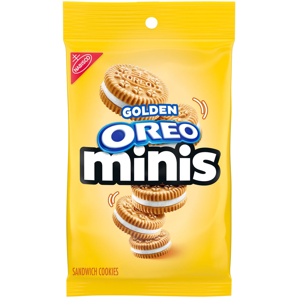 OREO Minis Golden pack front view for quick on-the-go snacking.