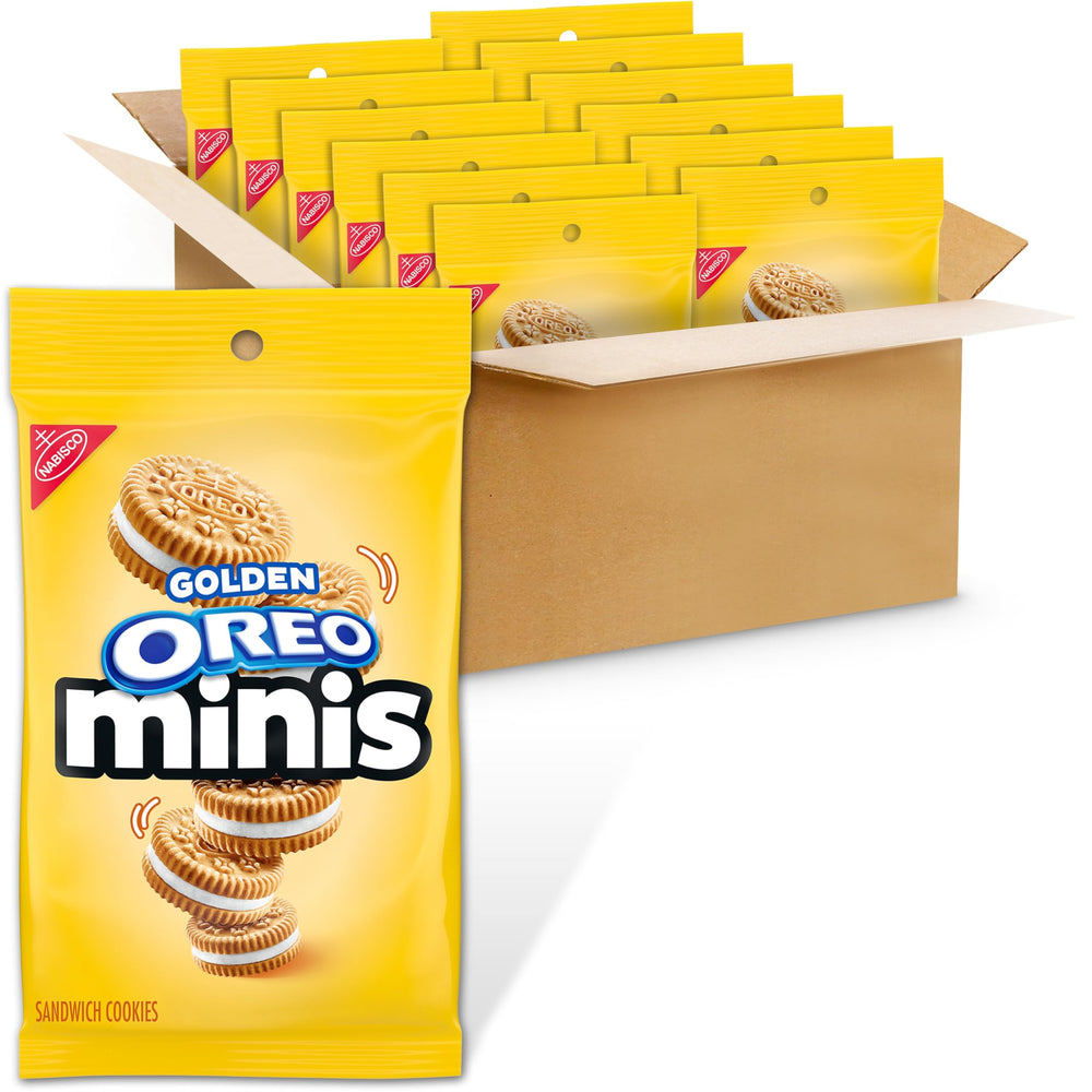 OREO Minis Golden Sandwich Cookies in packaging, perfect for family sharing.