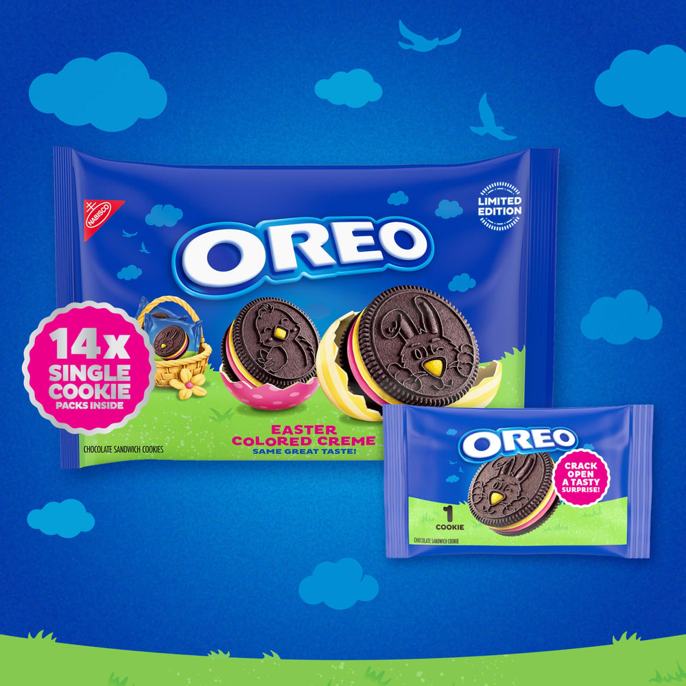 OREO pink-yellow creme close-up between chocolate wafers, vibrant and tempting.