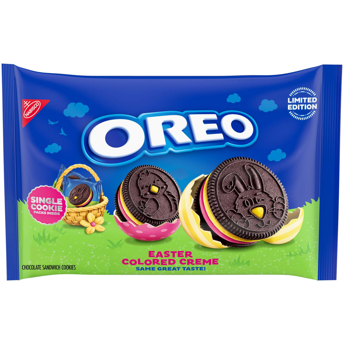 OREO pink-yellow creme Easter cookies in a colorful snack pack, ideal for Easter baskets.