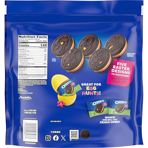OREO pink-yellow creme Easter packaging highlights convenient single-serve packs.