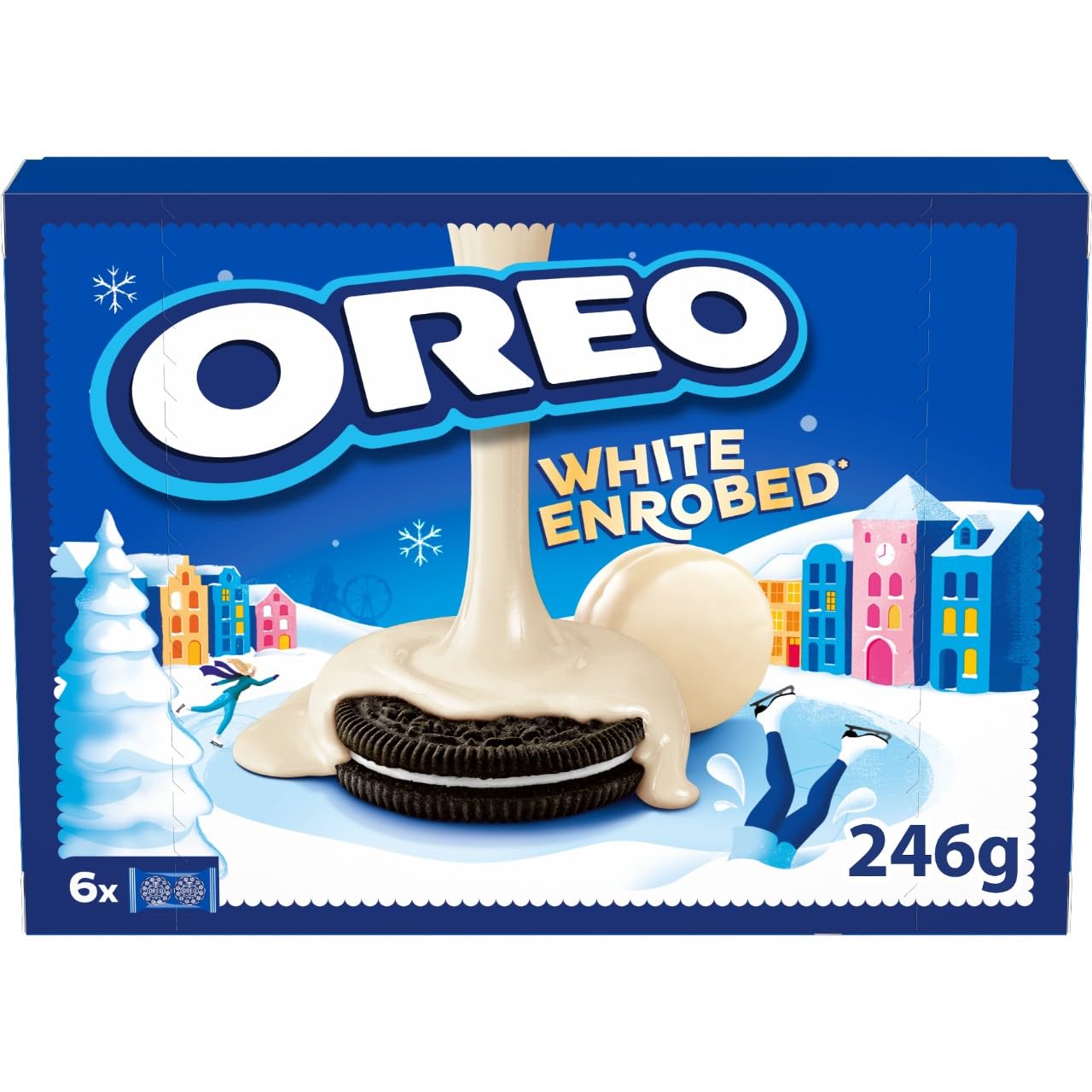Oreo Snowy Enrobed White Chocolate Coated Biscuits close-up of smooth coating and texture for indulgent snacking.
