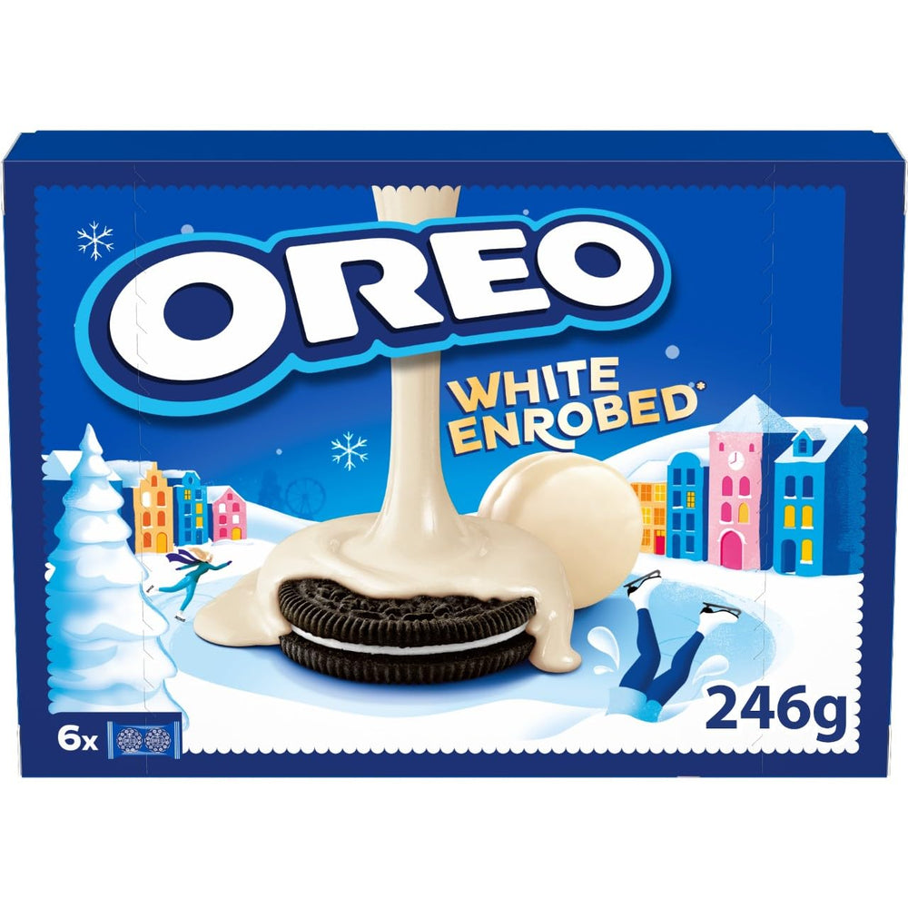 Oreo Snowy Enrobed White Chocolate Coated Biscuits close-up of smooth coating and texture for indulgent snacking.