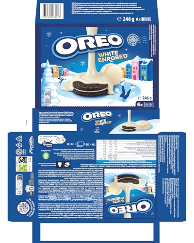 Oreo Snowy Enrobed White Chocolate Coated Biscuits packaged in a 6-pack for convenient sharing.