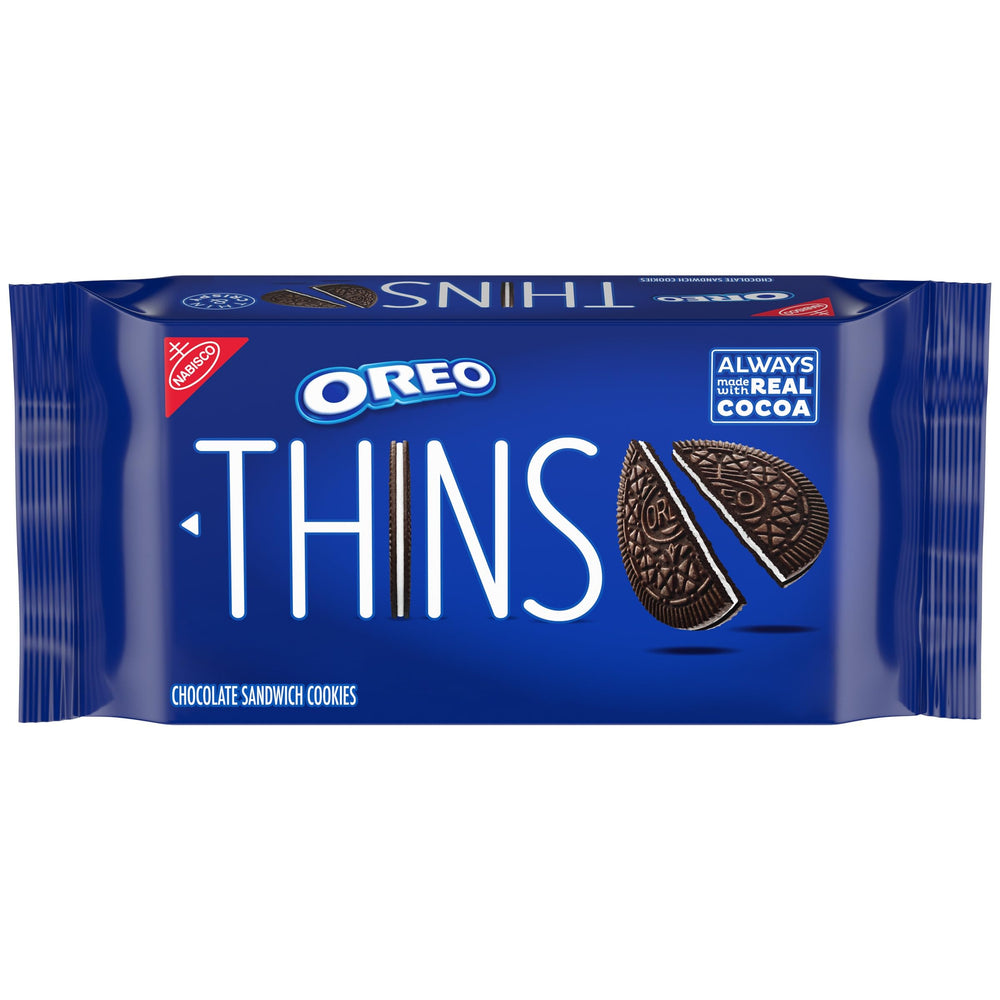 OREO Thins chocolate sandwich cookies pack shows the slim, shareable treat.