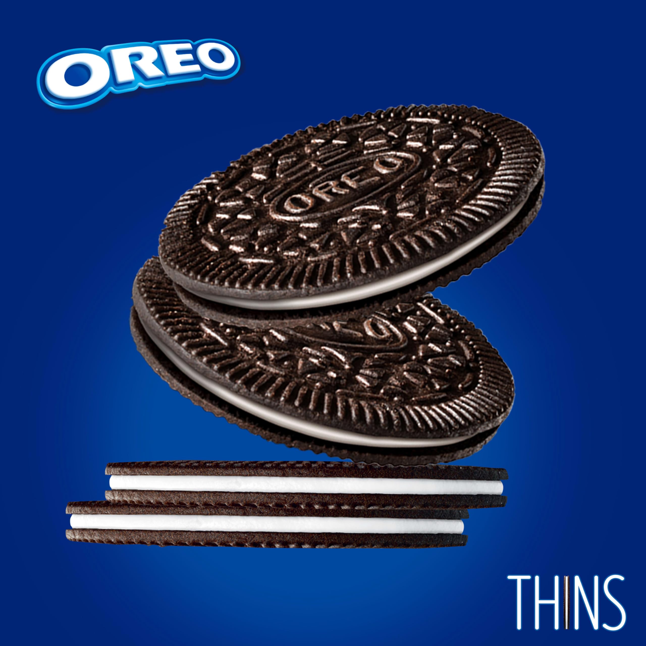 Crisp outer wafers and creamy creme of OREO Thins, close-up.
