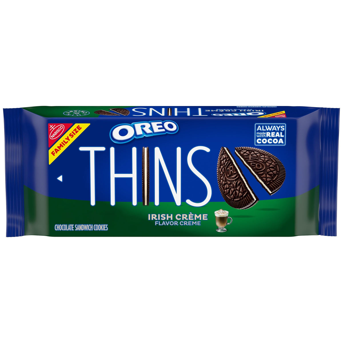 OREO Thins Irish Creme pack shot showing a resealable family pack for on-the-go snacking
