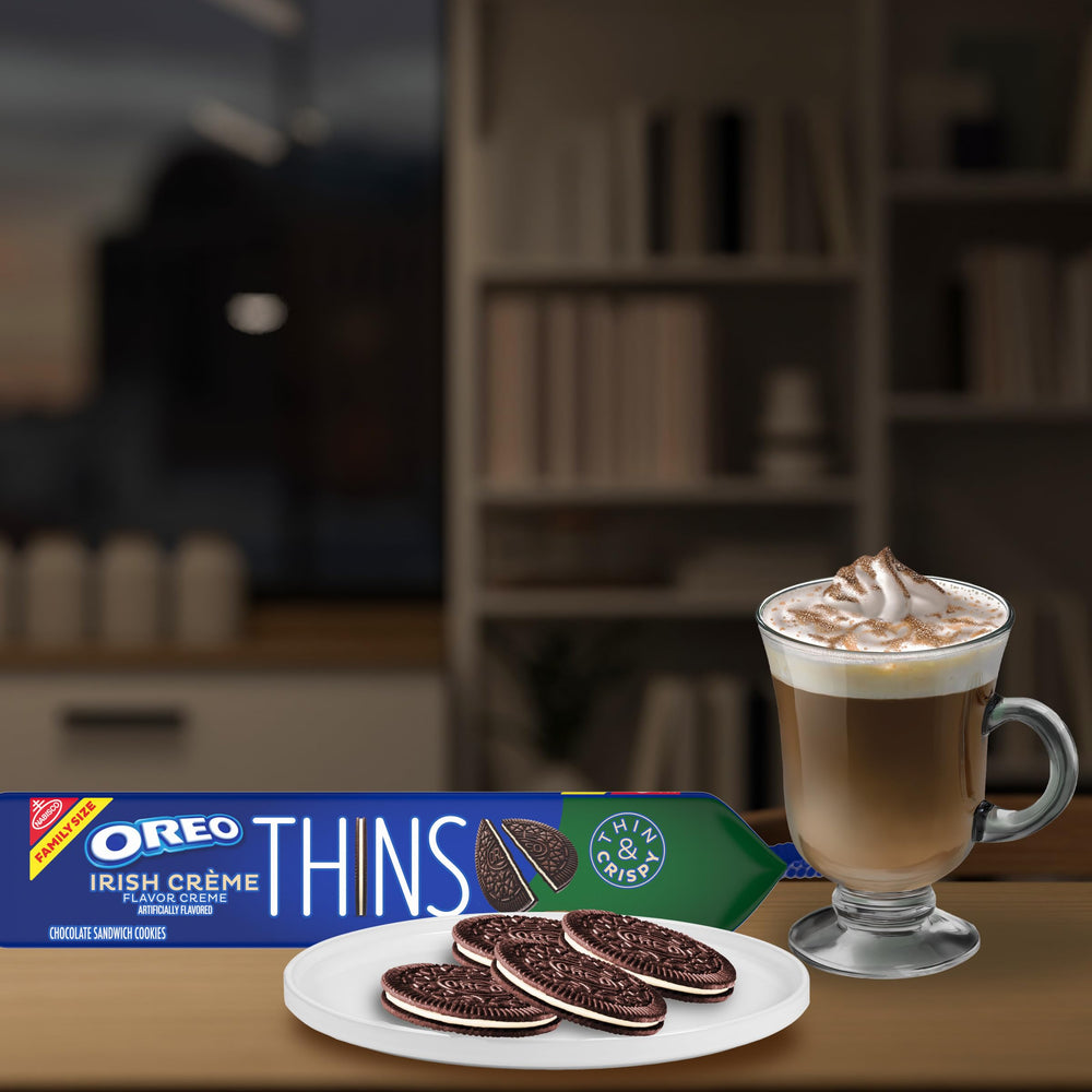 OREO Thins Irish Creme tea-time moment with cookies on a saucer