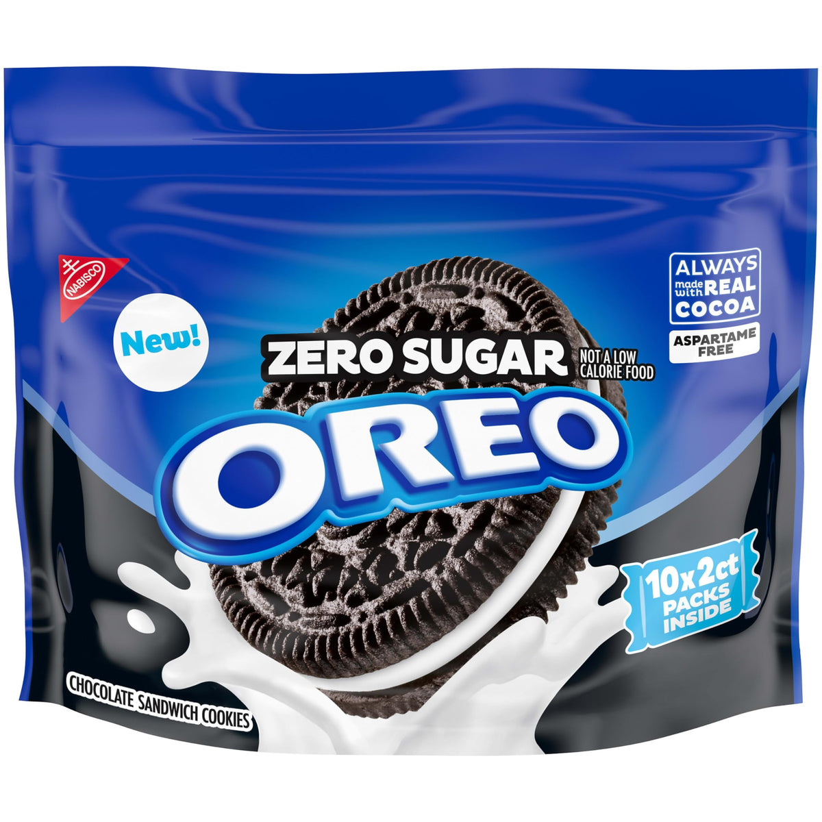 OREO Zero Sugar chocolate sandwich cookies in an open pack for on the go indulgence