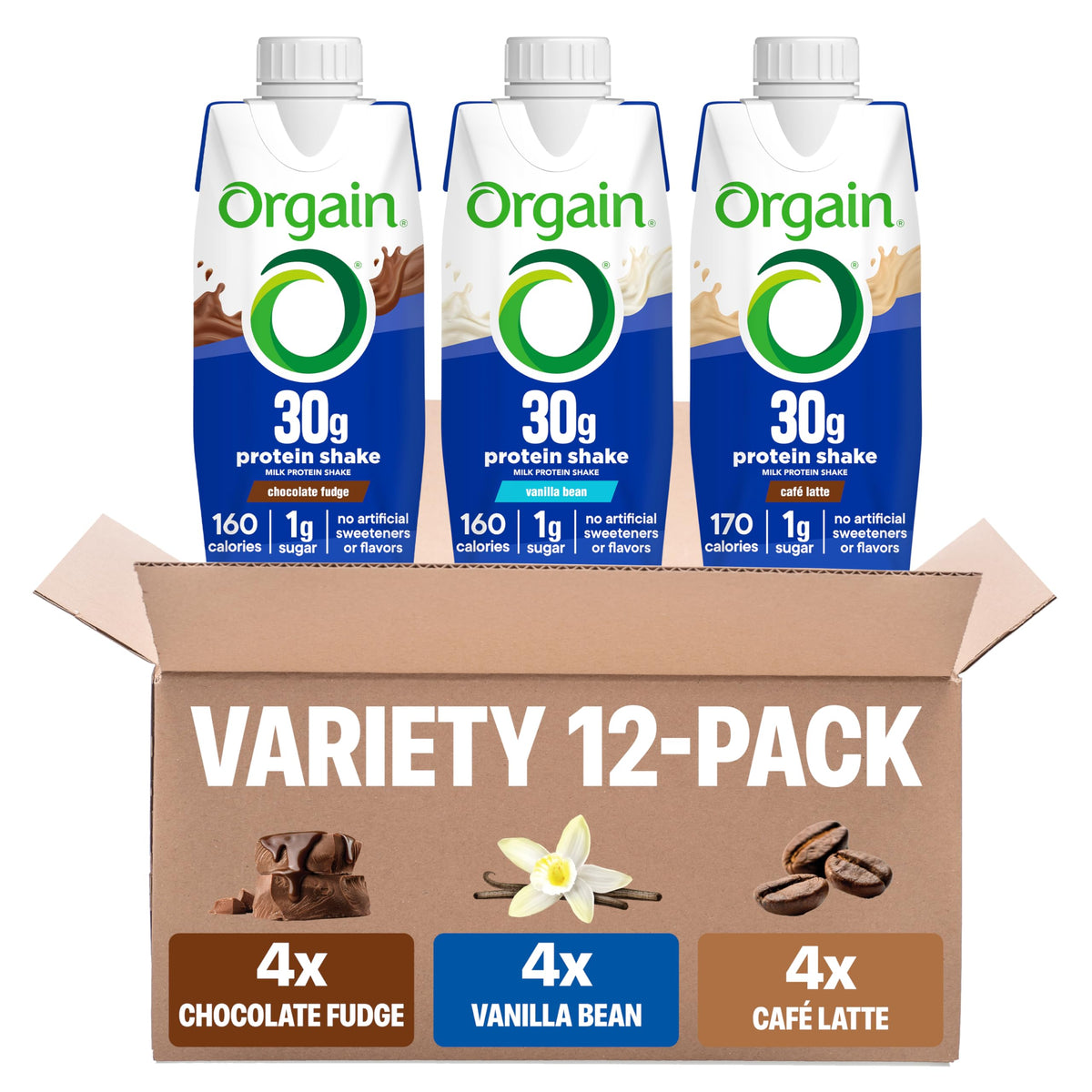 Orgain 30g high protein shake chocolate fudge bottle showing creamy texture for easy sipping.