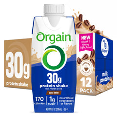 Orgain Cafe Latte bottle front displaying 30g protein and clean ingredients.