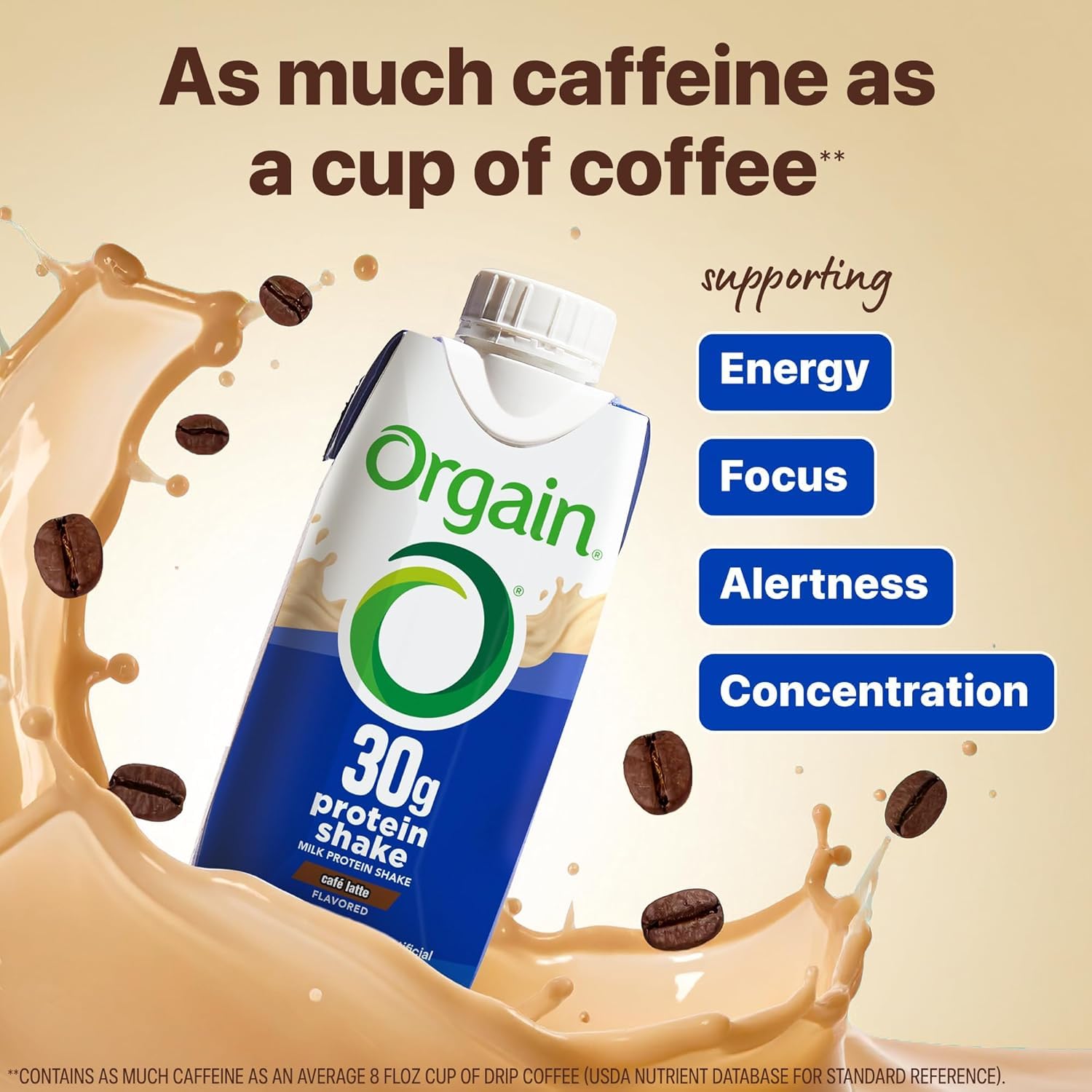 Orgain Cafe Latte on-the-go bottle ideal for busy mornings.
