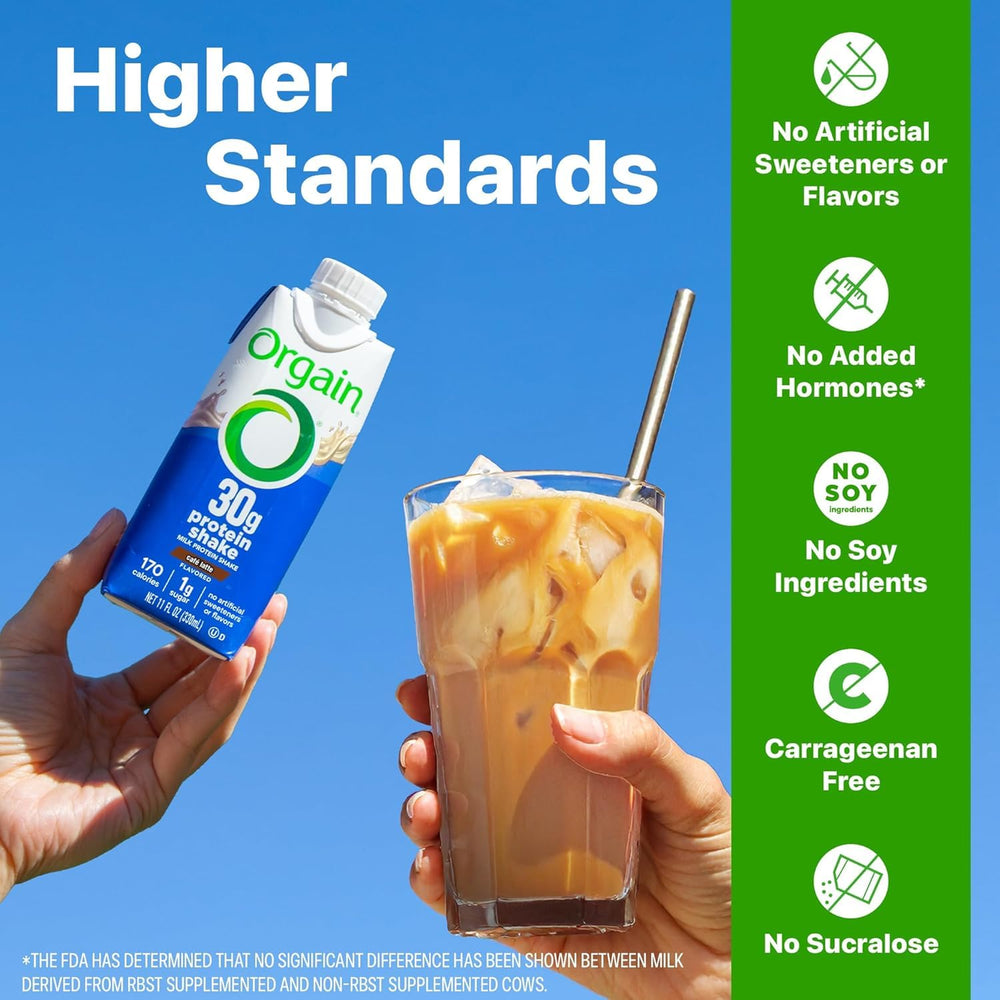 Orgain Cafe Latte ready-to-drink shake with coffee flavor and creamy texture.