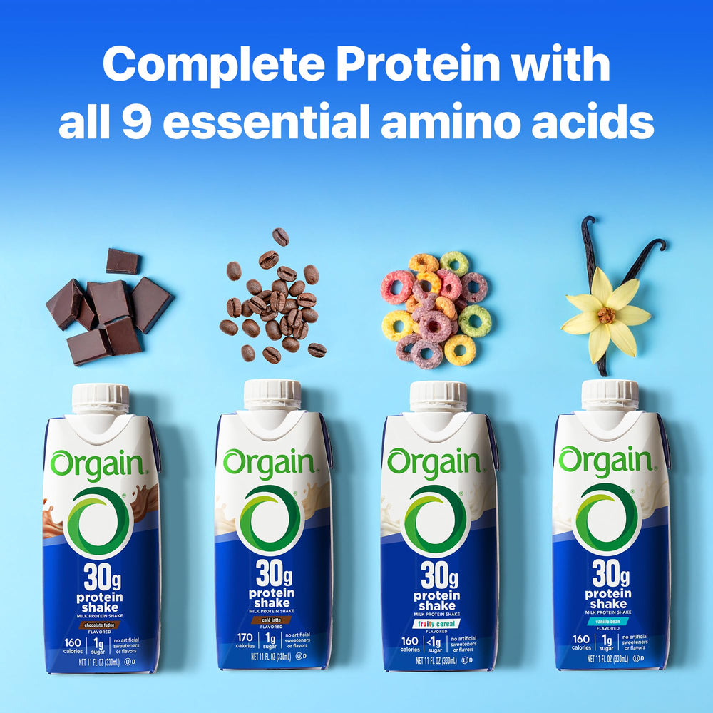 Orgain shake in a backpack suggests portable nutrition.