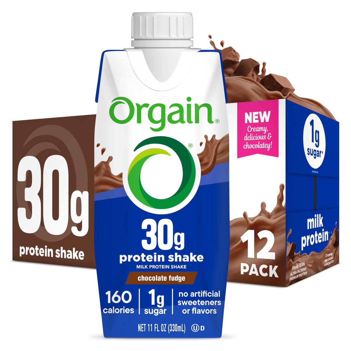 Orgain chocolate fudge shake bottle for on-the-go protein fueling.