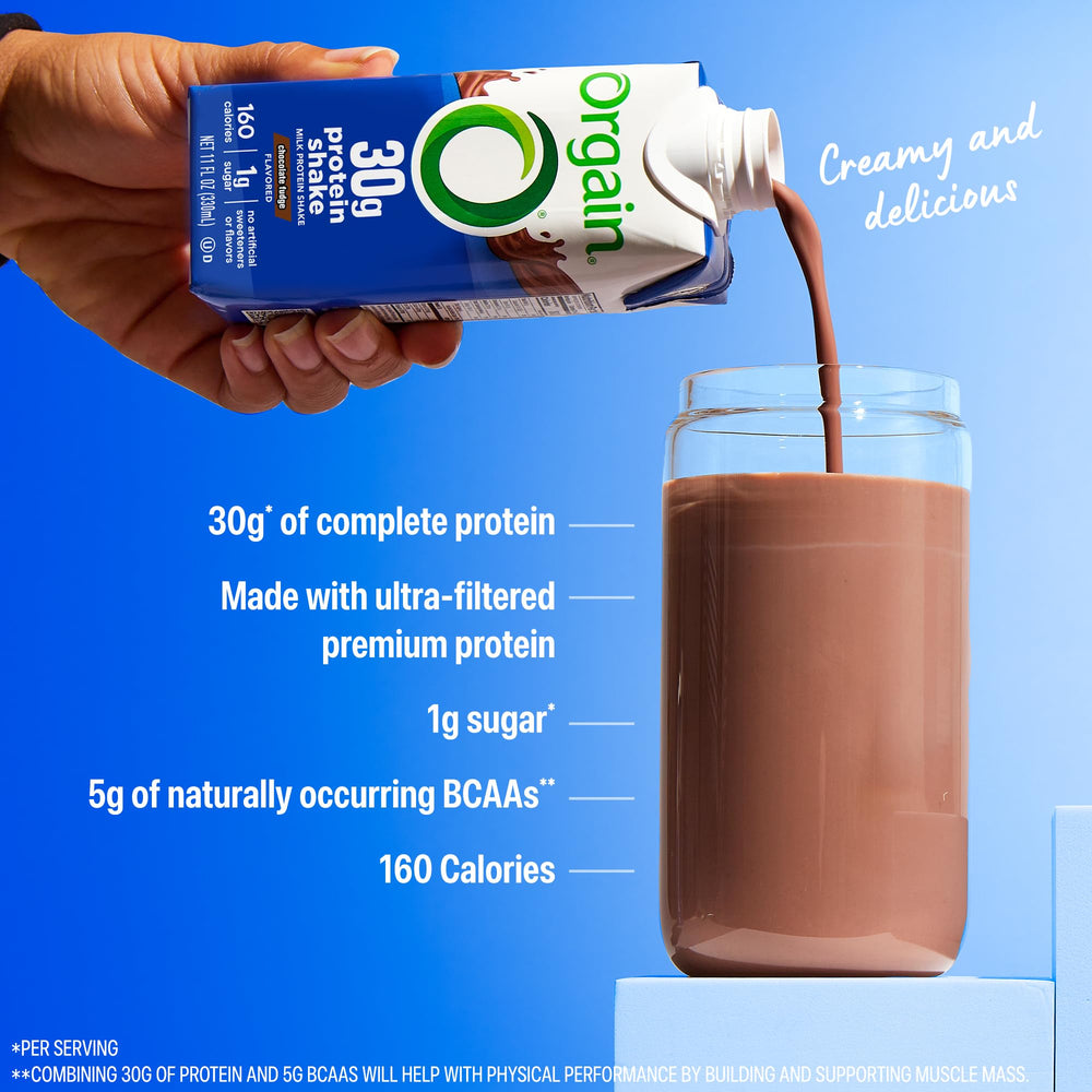 Orgain shake label highlights clean ingredients and 30g protein.