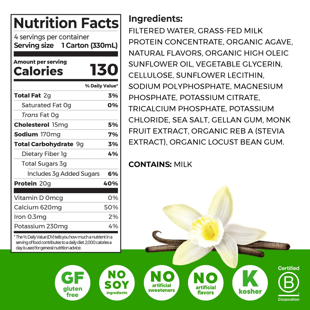 Orgain Clean Protein Vanilla Bean label close-up shows clean ingredients and branding.
