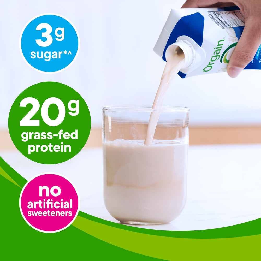 Nutrition label shows 20g protein and 130 calories per serving.