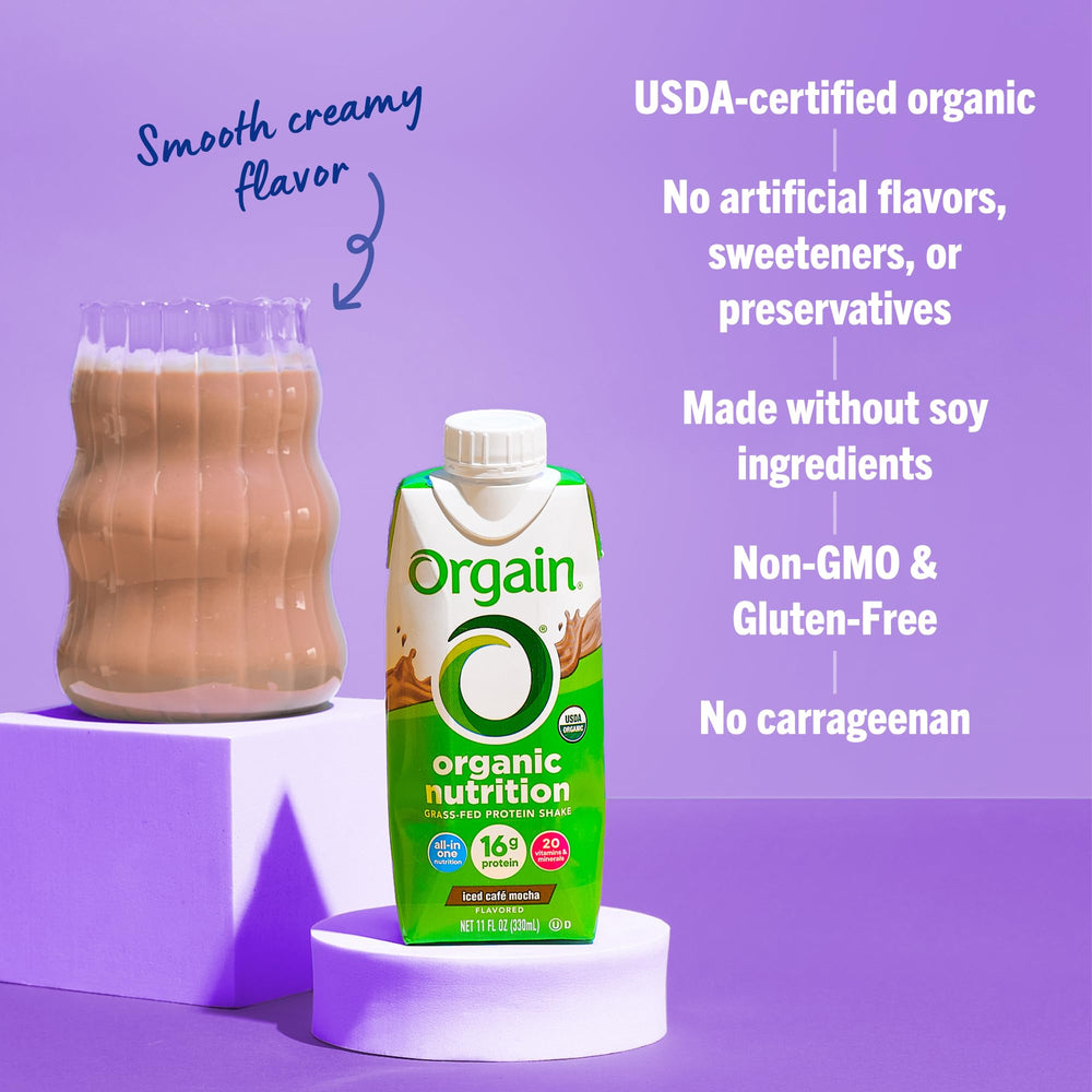 Orgain four-flavor display suggesting variety for quick breakfasts.