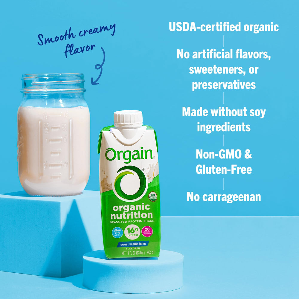 Orgain grass-fed milk protein source signals high-quality protein.