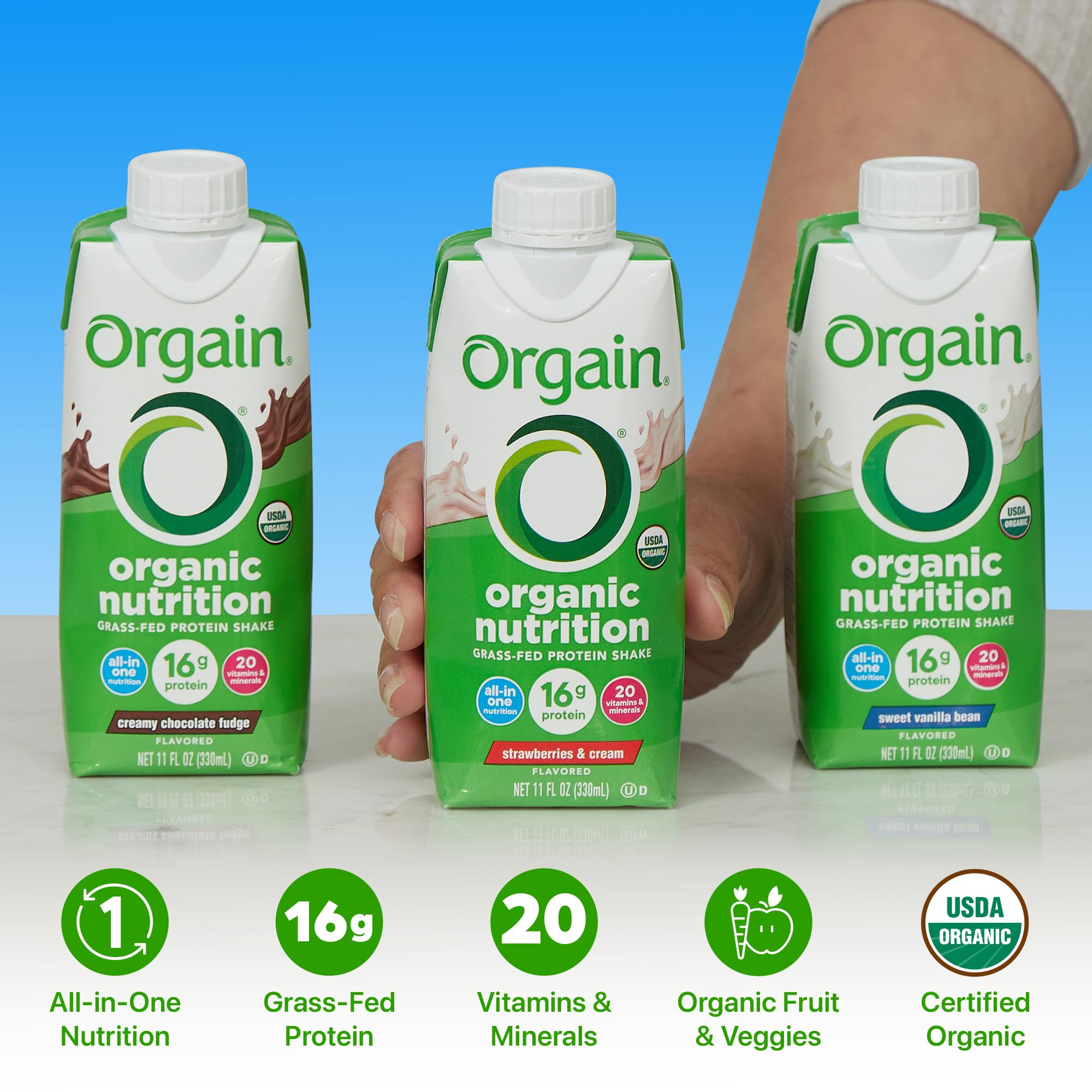 Orgain grass-fed whey protein bottle highlighting clean ingredients
