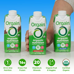 Orgain grass-fed whey protein bottle highlighting clean ingredients