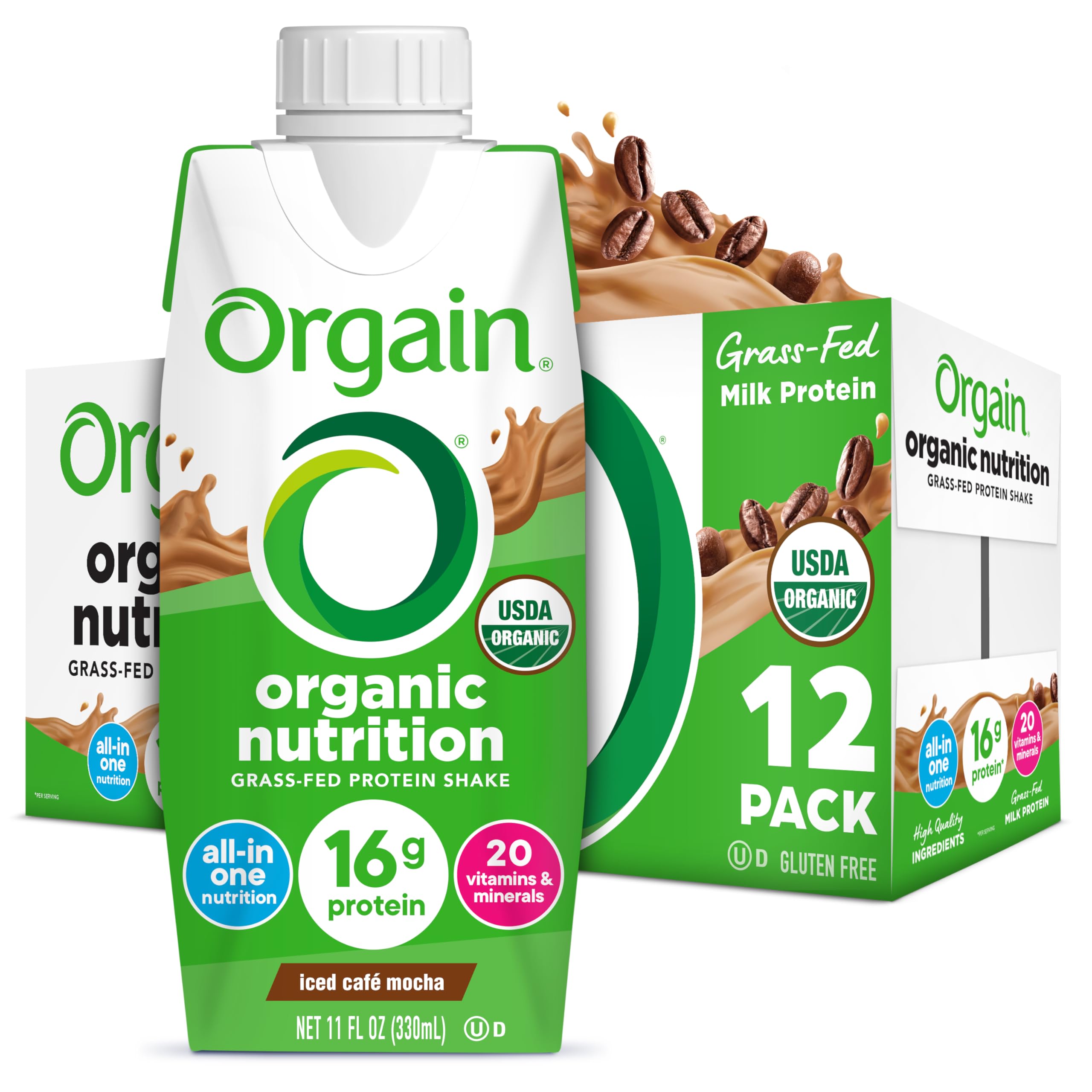 Orgain Iced Café Mocha bottle closeup highlighting protein-rich nutrition.