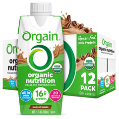 Orgain Iced Café Mocha bottle closeup highlighting protein-rich nutrition.