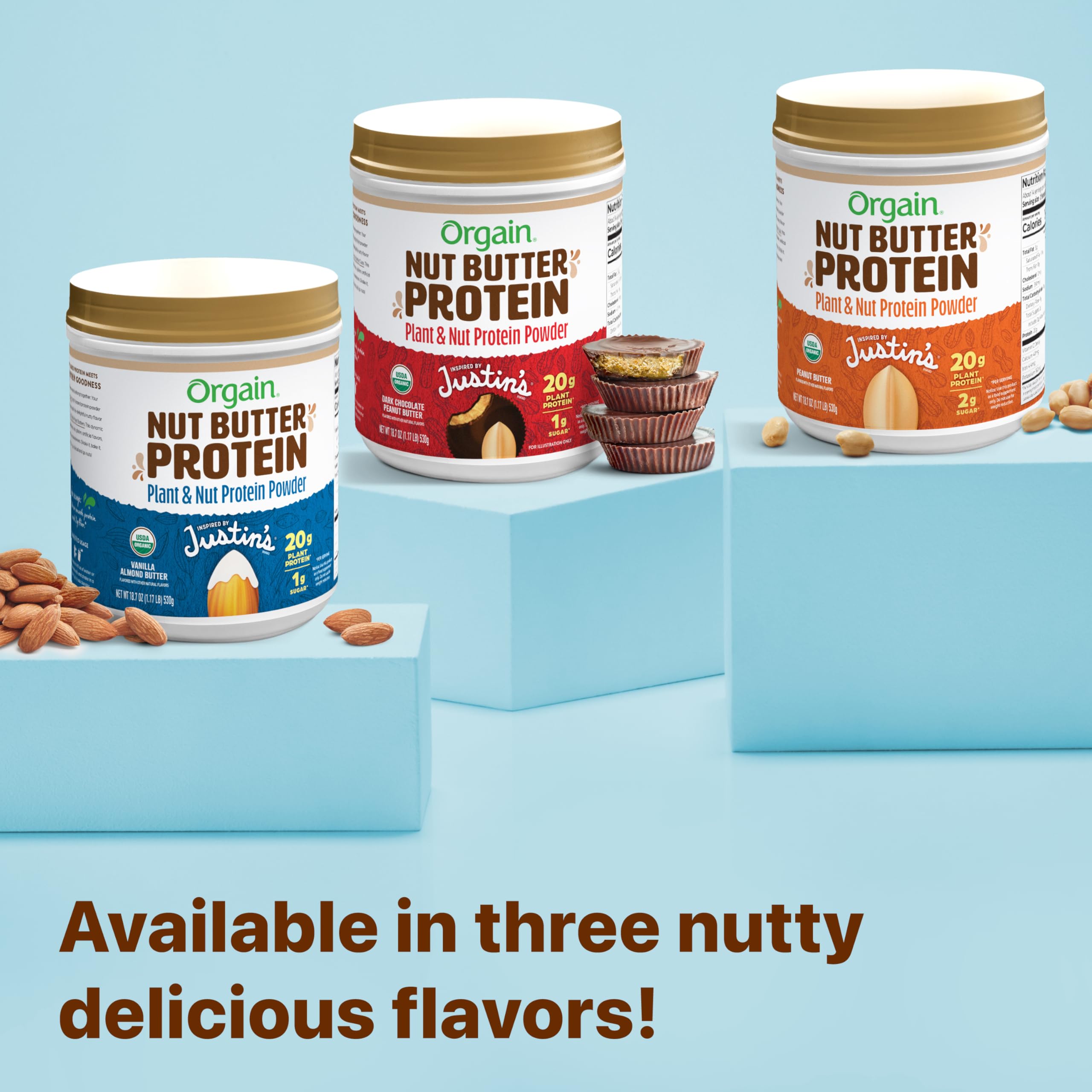 Orgain Justin's Nut Butter Protein Powder being poured into muffin batter.