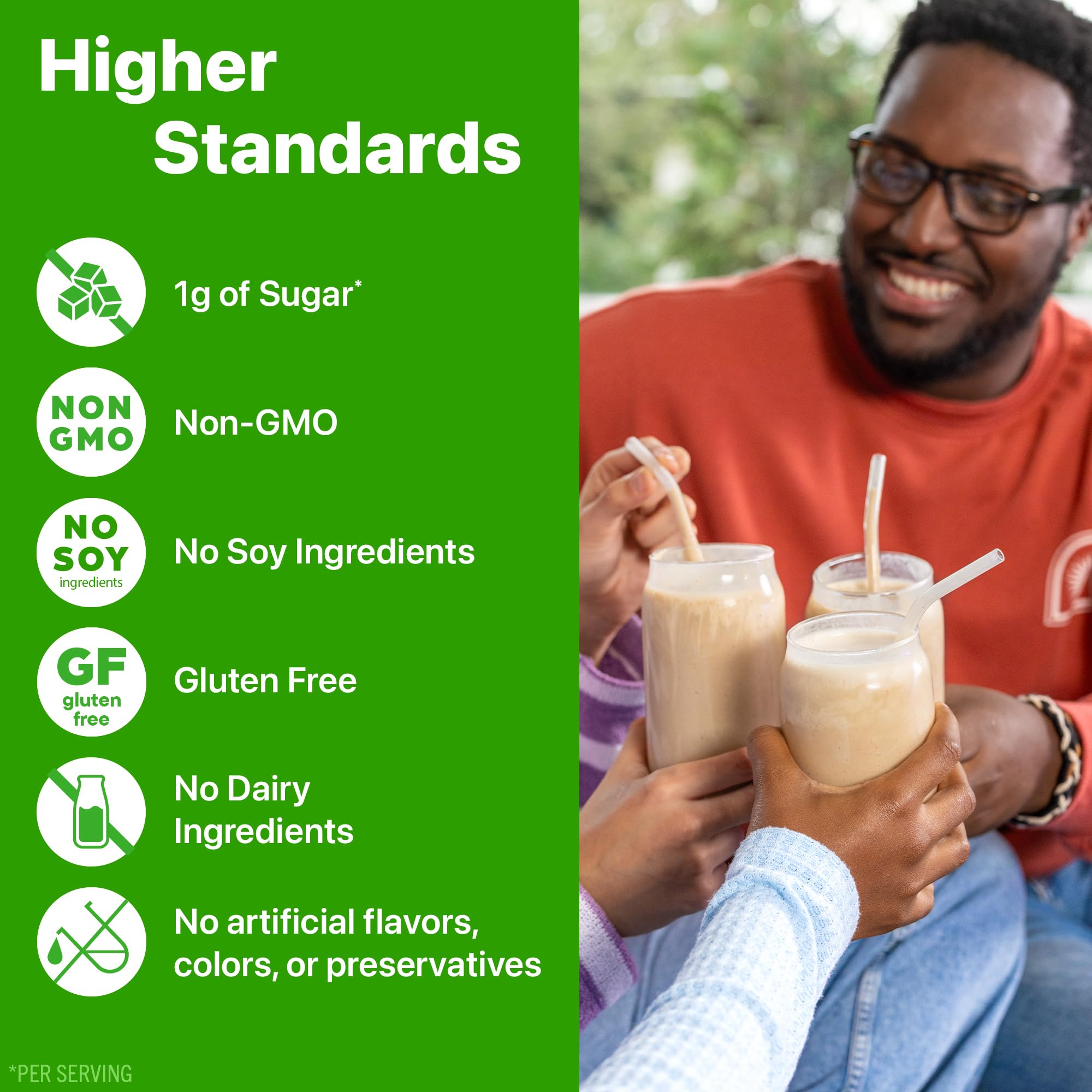 Orgain Justin's Nut Butter Protein Powder on a dairy-free, soy-free nutrition panel.