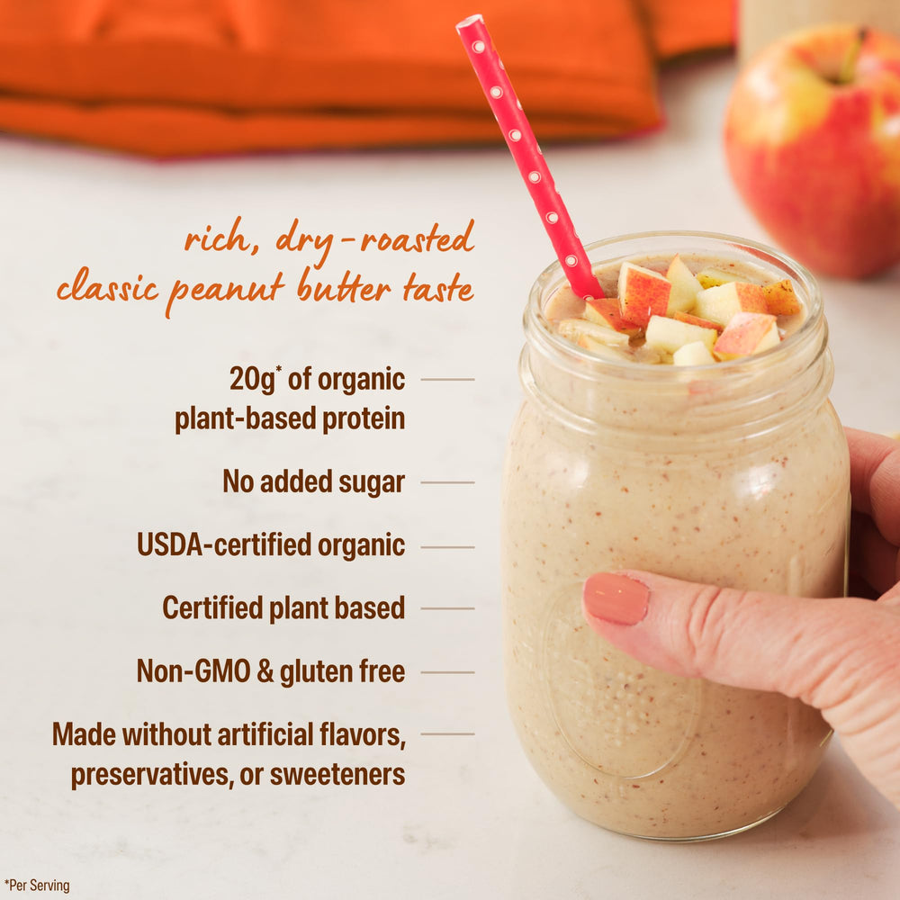 Orgain Justin's Nut Butter Protein Powder label notes 20g protein per serving.