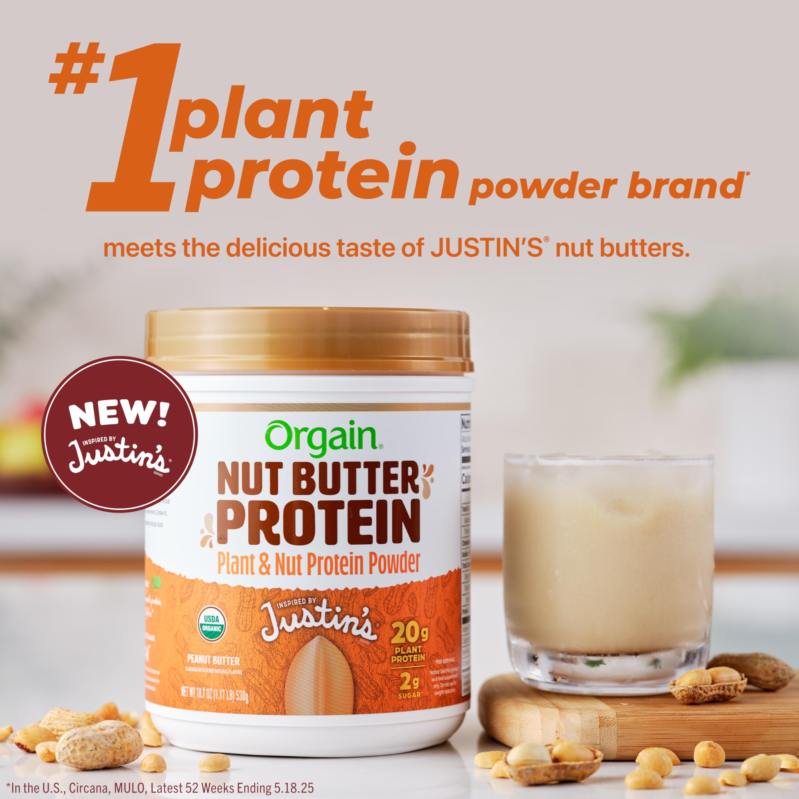 Orgain Justin's Nut Butter Protein Powder scoop demonstrating easy serving.
