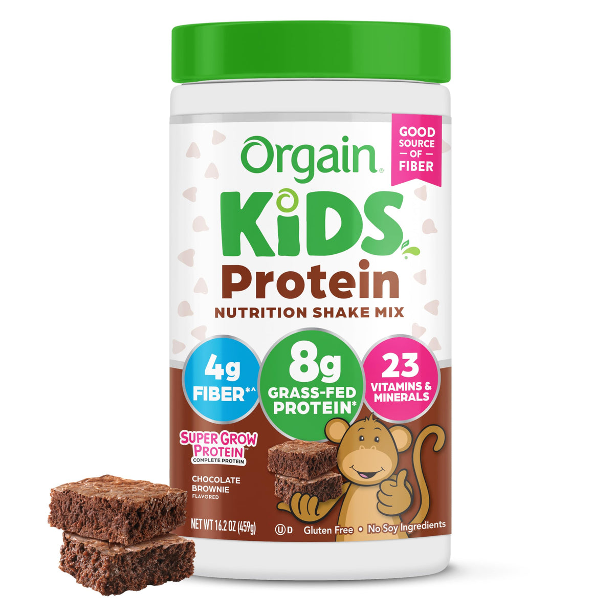 Orgain Kids protein shake bottle in chocolate brownie flavor for growing children.