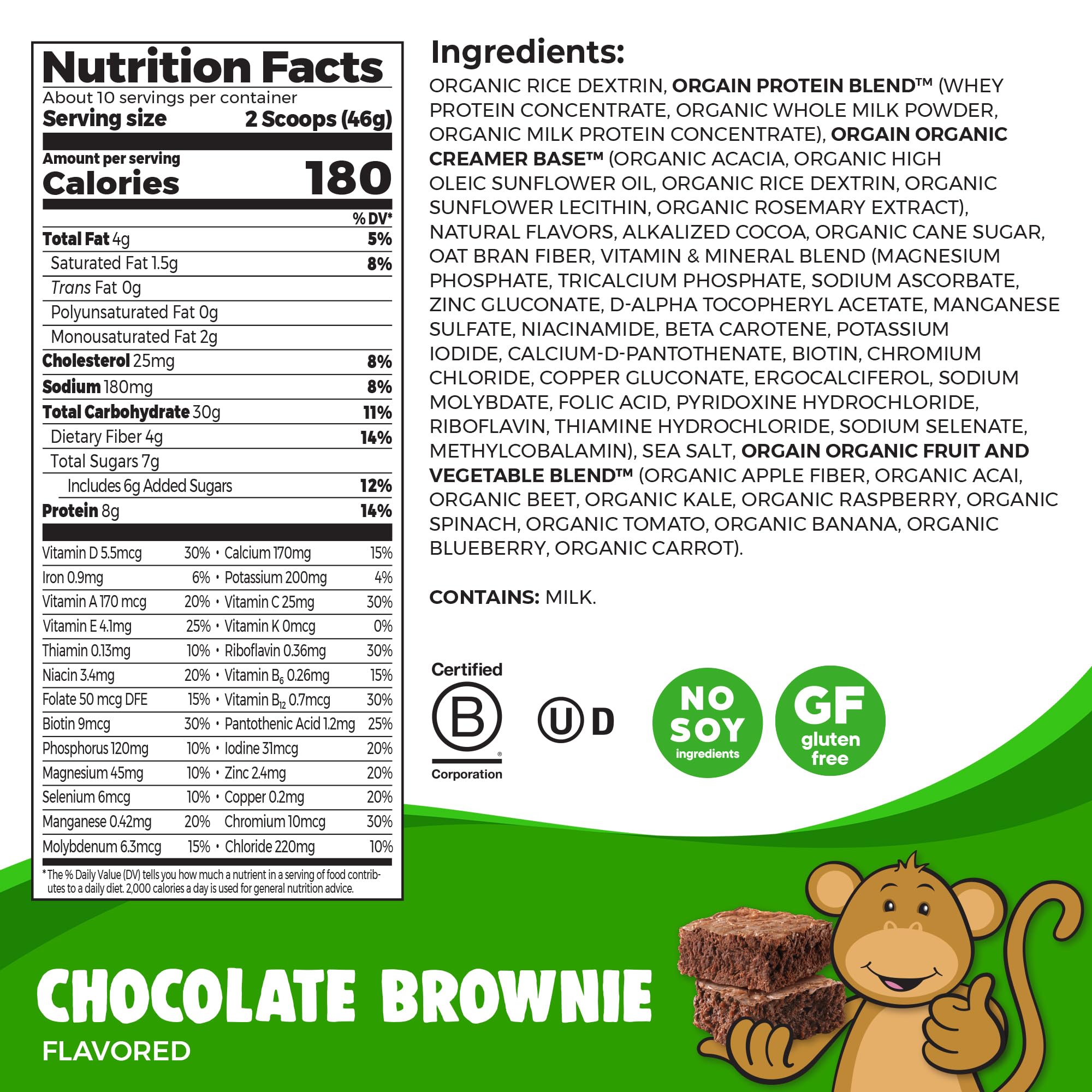 Orgain Kids protein powder scoop showing creamy powder ready to mix.