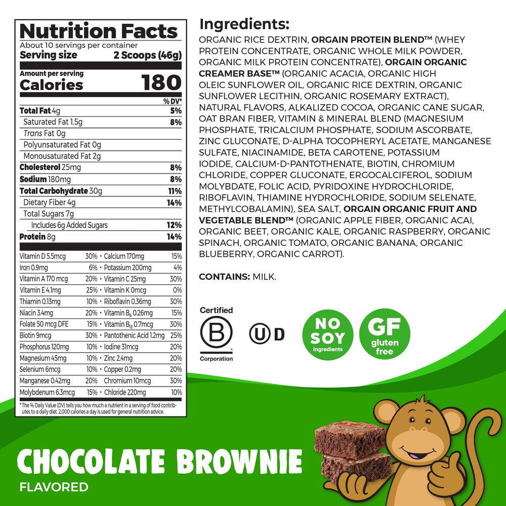 Orgain Kids protein powder scoop showing creamy powder ready to mix.