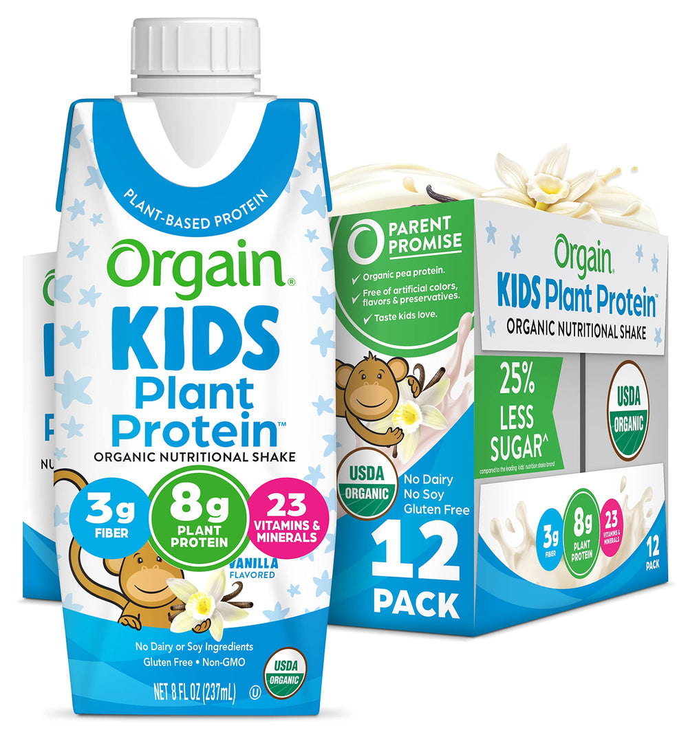 Orgain Kids Vanilla bottle showing plant-based protein for growing children.