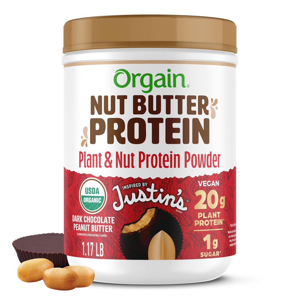 Orgain Nut Butter Protein Powder front of tub with chocolate peanut butter flavor.