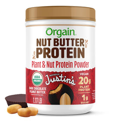 Orgain Nut Butter Protein Powder front of tub with chocolate peanut butter flavor.