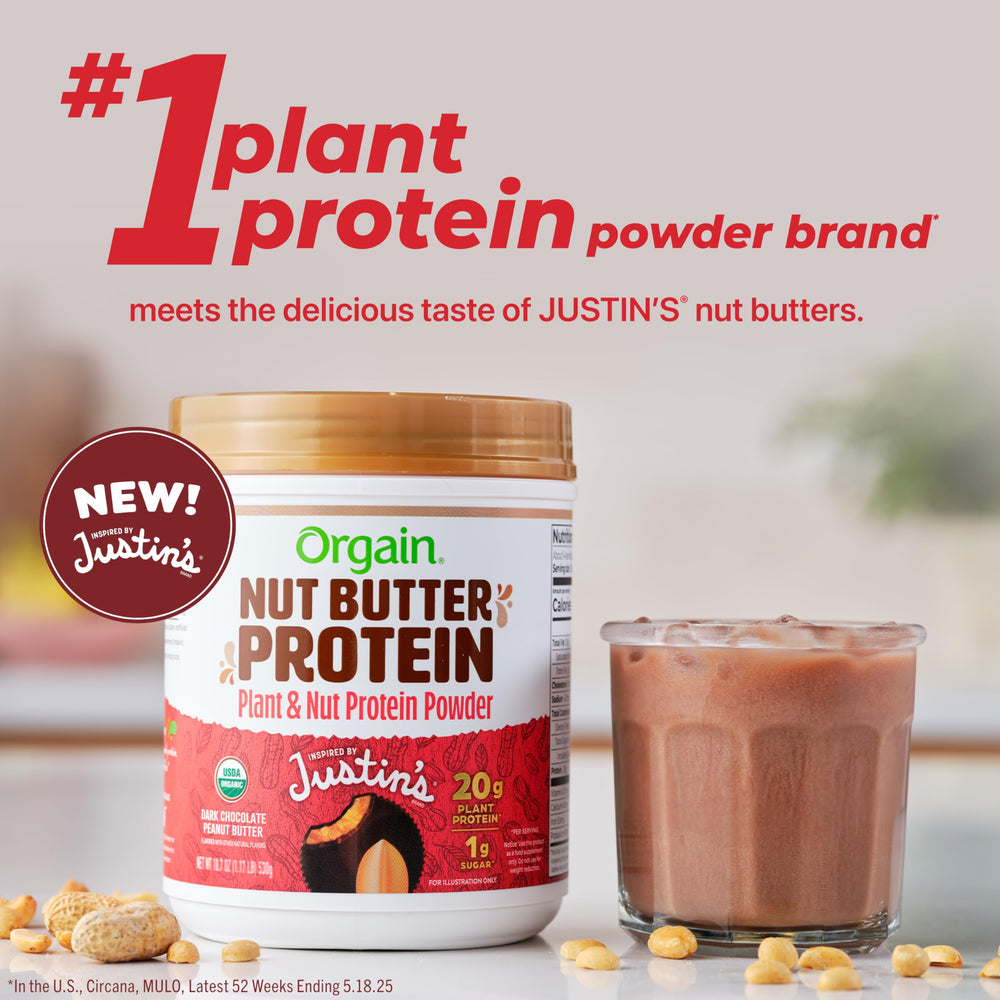 Orgain Nut Butter Protein Powder ingredients blend close-up showing organic sources.