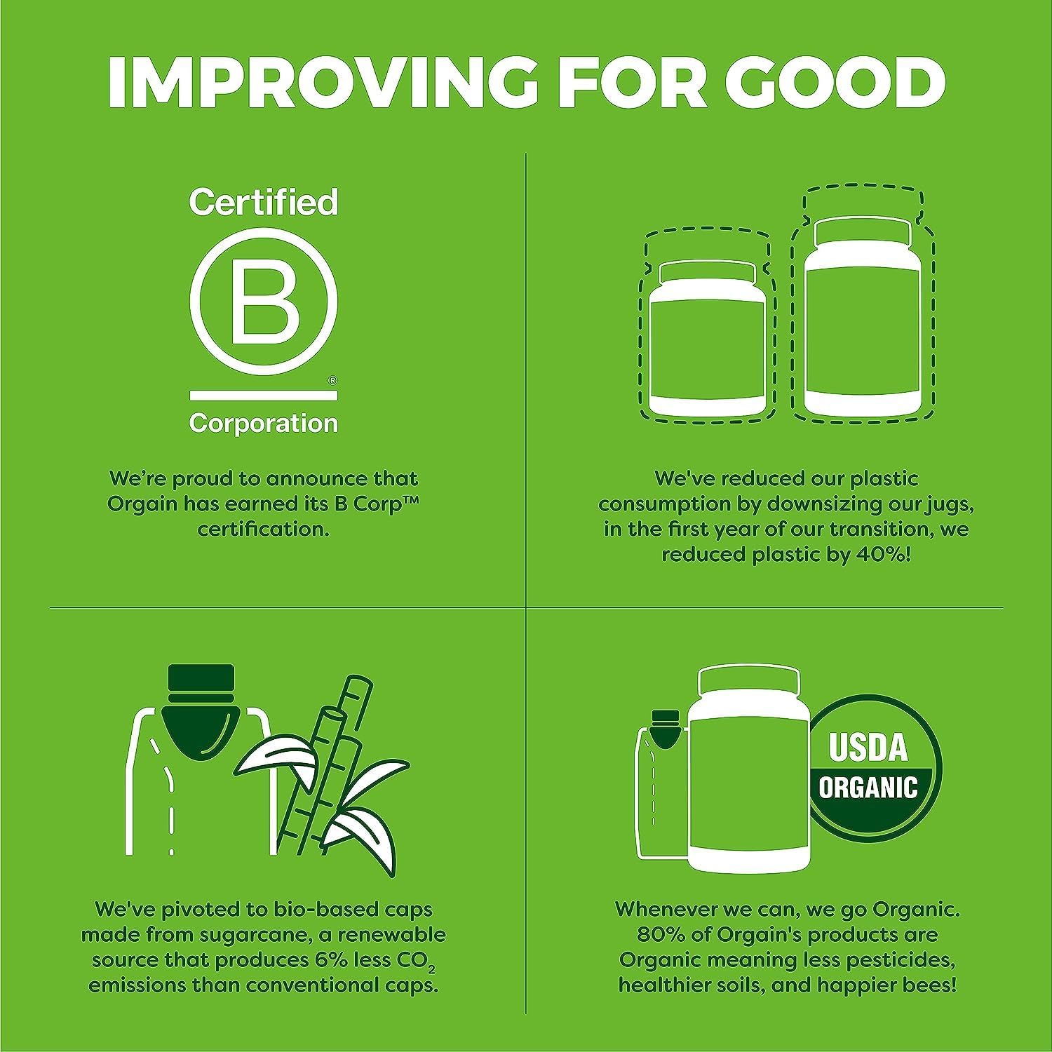Orgain Nutrition facts panel highlights 8g plant protein and 23 vitamins.