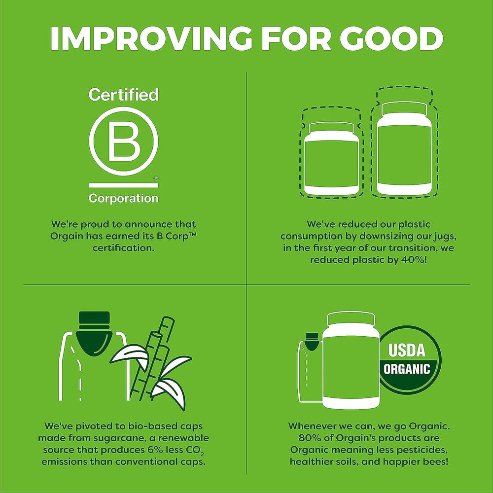 Orgain Nutrition facts panel highlights 8g plant protein and 23 vitamins.